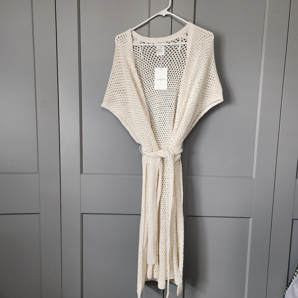 Lafayette 148 NY Linen Silk Open Knit Cardigan L Cloud Metallic Sequin Duster